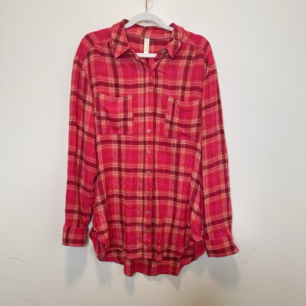 Pilcro Anthropologie Pink Red Plaid Button Down Shirt Oversized Med Gorpcore